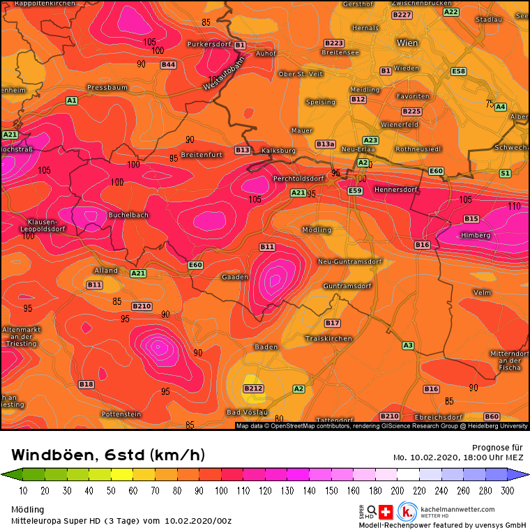 Prognose Sturmtief #Sabine Montag 10.02.2020 - 13 bis 18 UhrQuelle: Kachelmannwetter