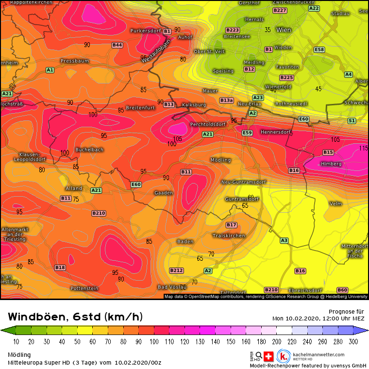 Prognose Sturmtief #Sabine Montag 10.02.2020 - 12 UhrQuelle: Kachelmannwetter
